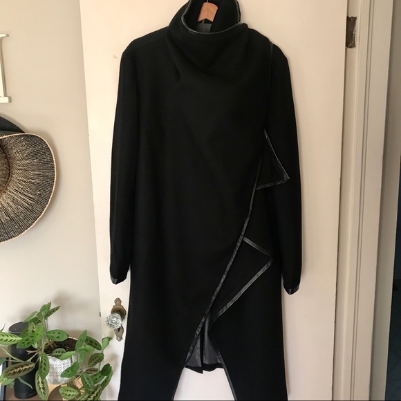 Custom Designed & Tailored Wool / Leather Coat, Size L - Picture 13 of 14